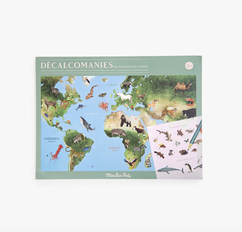 [3575677191858] Mappemonde avec décalcomanies - Moulin Roty - Les animaux du monde