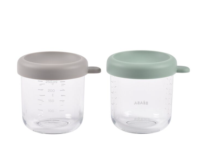 Pots de conservation en verre - Beaba - 2 portions 250ml   Sauge/gris