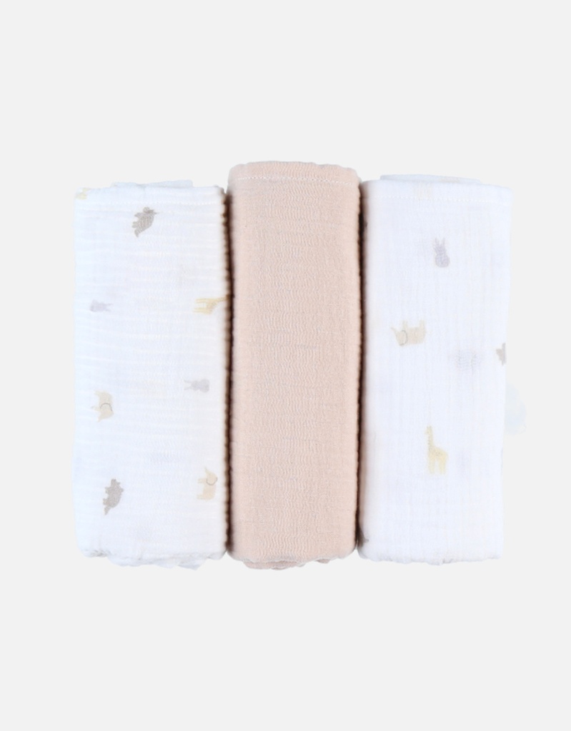 [5414220152275] Set de 3 langes - noukie's - Imprimé animalier en mousseline, écru/beige