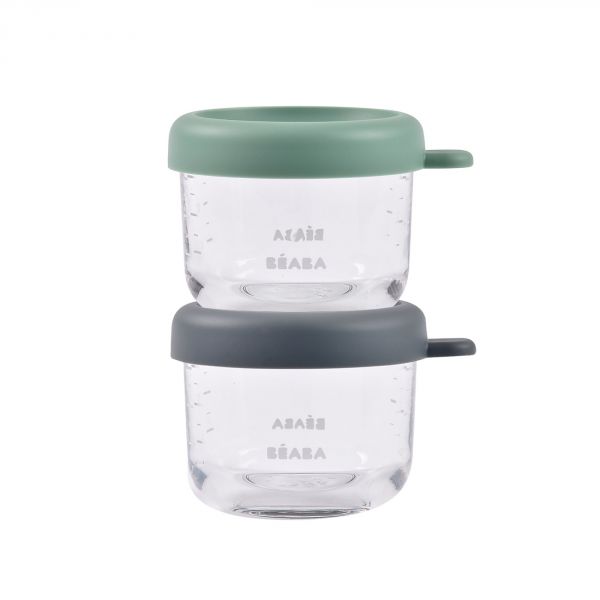 [3384349140168] Pots de conservation en verre - Beaba - 2 portions 150 ml minéral/vert sauge 
