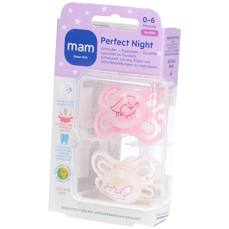 Lot de 2 sucettes - MAM - Perfect Night silicone rose 0-6 mois 