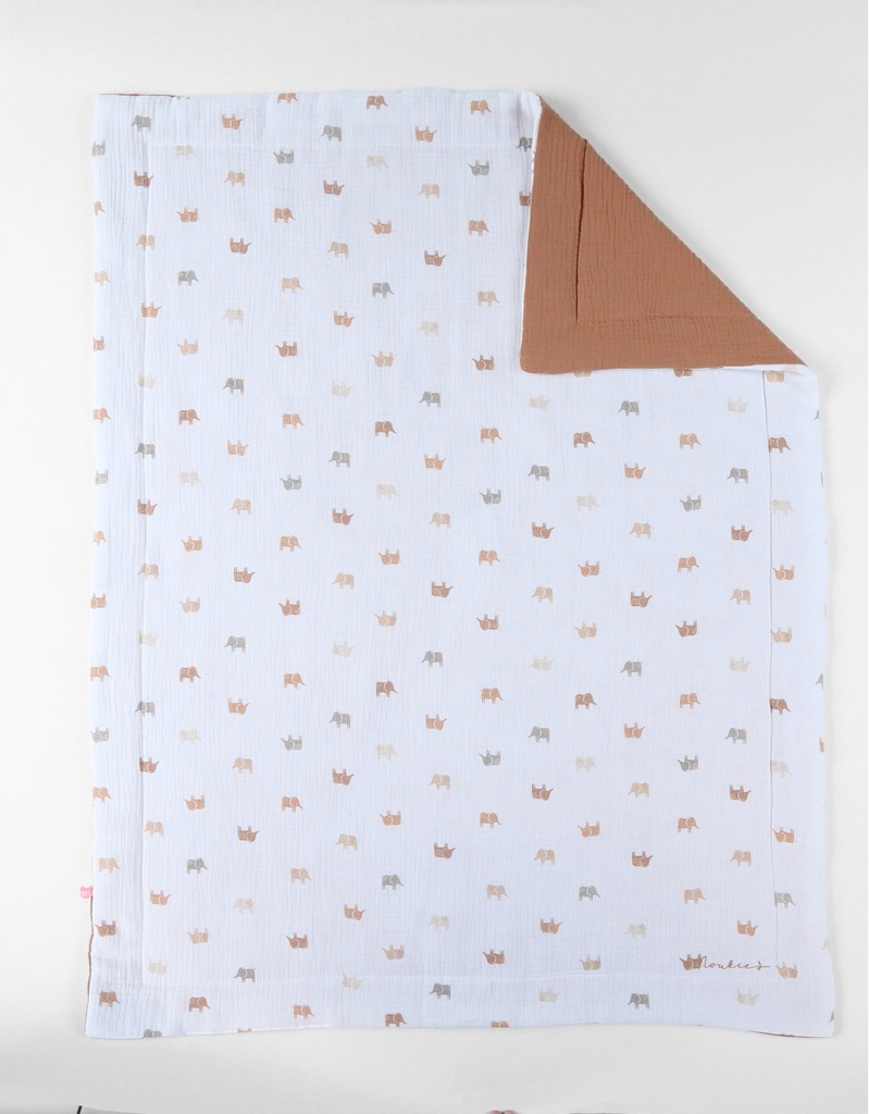 Couverture - noukie's - mousseline imprimé éléphant de coton, blanc