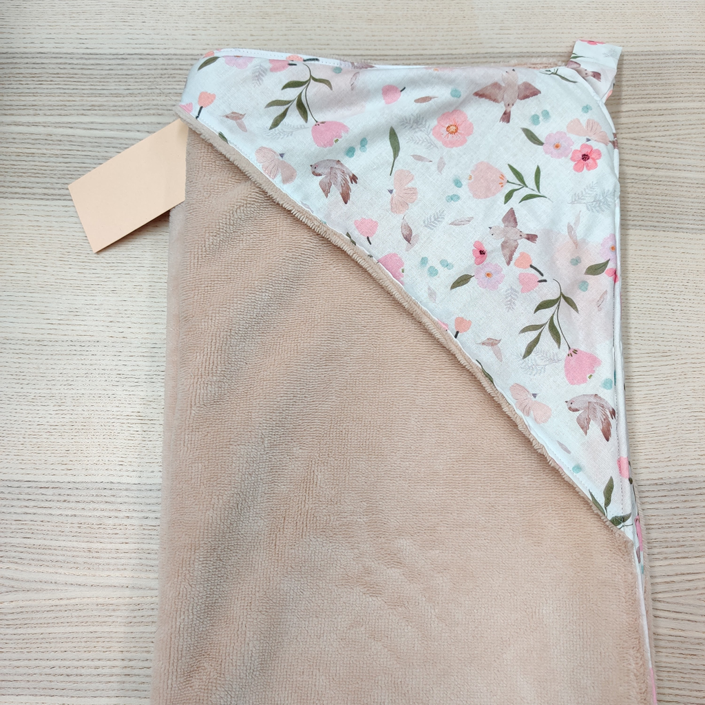Cape de bain - Fleur de coton - Fleurs rose & oiseaux 90x90   