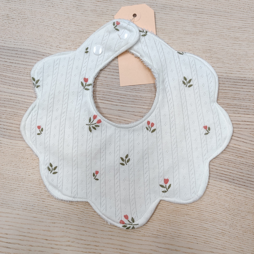 Bavoir - Fleur de coton - Blanc & fleurs roses 