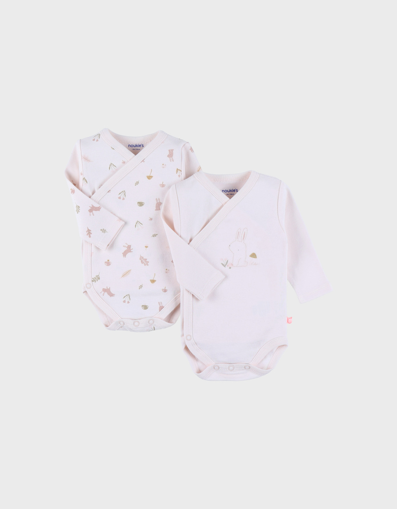 Set de 2 bodys croisés - noukie's - Jersey Coton bio 0 mois , motif rose lapin 