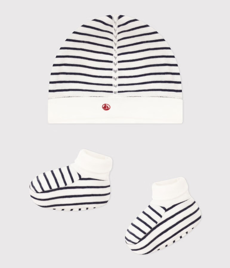 Lot de bonnet et chausson en coton - Petit Bateau - Marinière 1 mois (54cm)