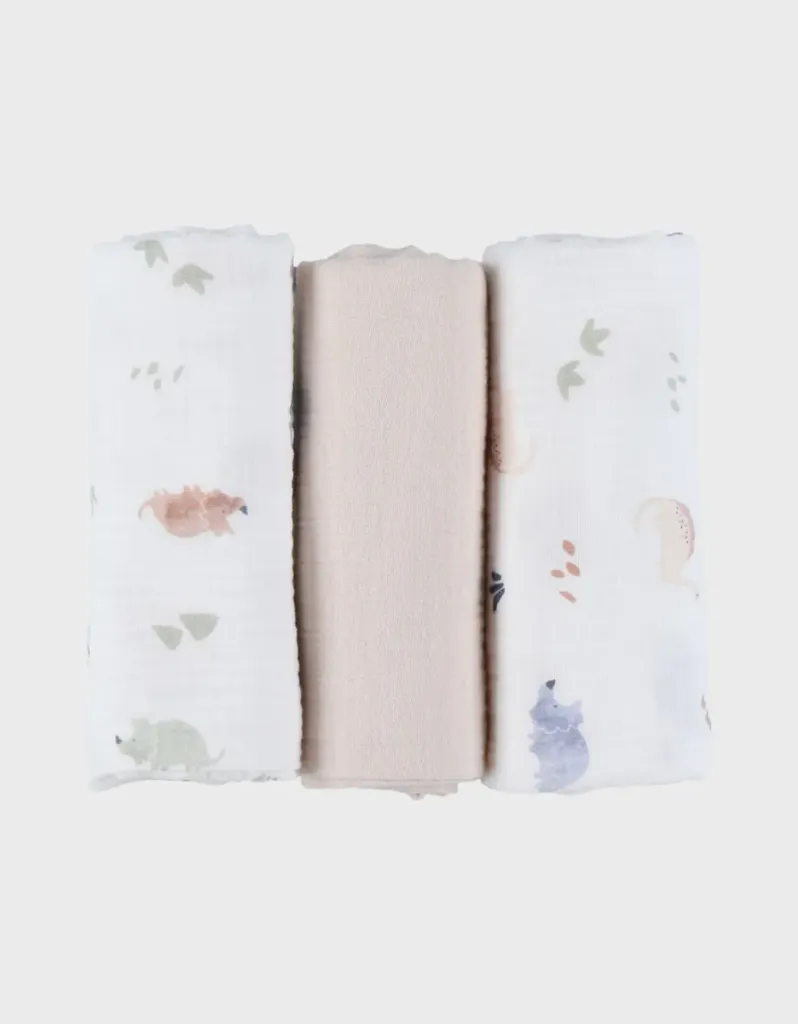 [5414220244017] Lot de 3 langes Tetra - Noukie's -   70X70cm, mousseline de coton bio Dino