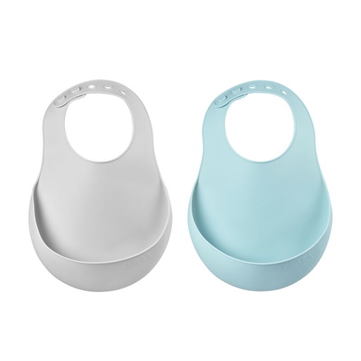 [3384349135096] Lot de 2 bavoirs - Beaba -Silicone bleu/gris