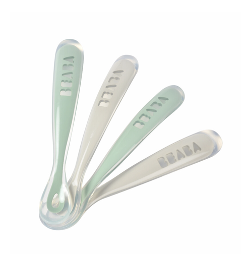 [3384349135539] 4 cuillères silicone premier âge - Beaba - sauge/gris