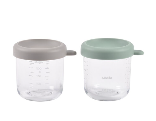 [3384349140113] Pots de conservation en verre - Beaba - 2 portions 250ml   Sauge/gris