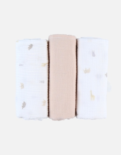 [5414220152275] Set de 3 langes - noukie's - Imprimé animalier en mousseline, écru/beige
