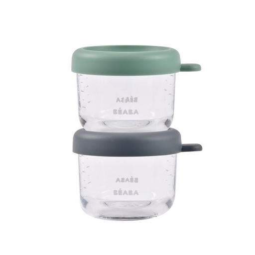[3384349140168] Pots de conservation en verre - Beaba - 2 portions 150 ml minéral/vert sauge 