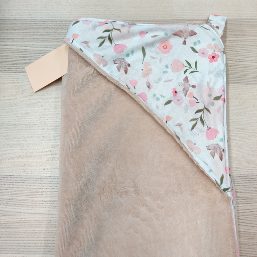 [FC085] Cape de bain - Fleur de coton - Fleurs rose & oiseaux 90x90   
