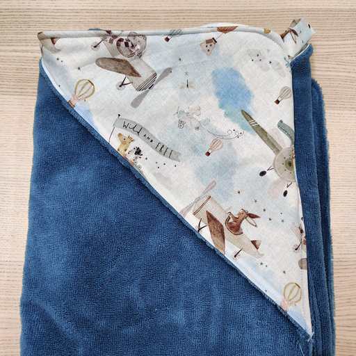 [FC088] Cape de bain - Fleur de coton - Bleu, avions 90x90  