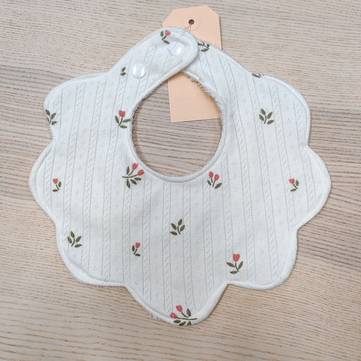 [FC094] Bavoir - Fleur de coton - Blanc & fleurs roses 