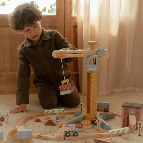 [8713291225428] Circuit de train - Little Dutch - Grue en bois 