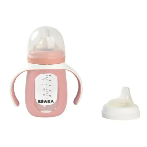 [3384349135201] biberon d'apprentissage 2 en 1 verre - Beaba - 210 ml vieux rose 