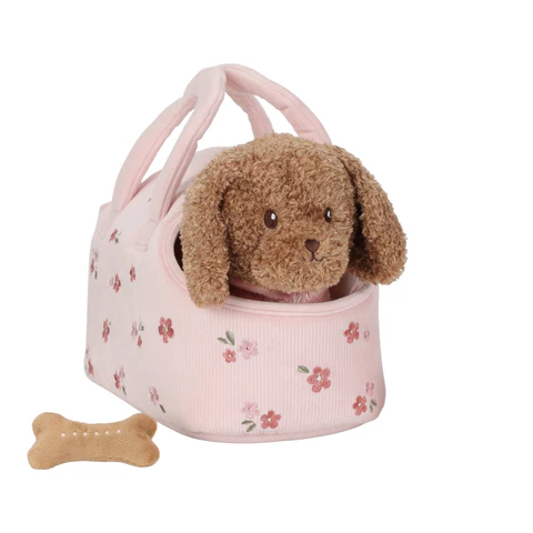 [8713291445185] Chien en peluche avec son sac de transport - Little dutch  