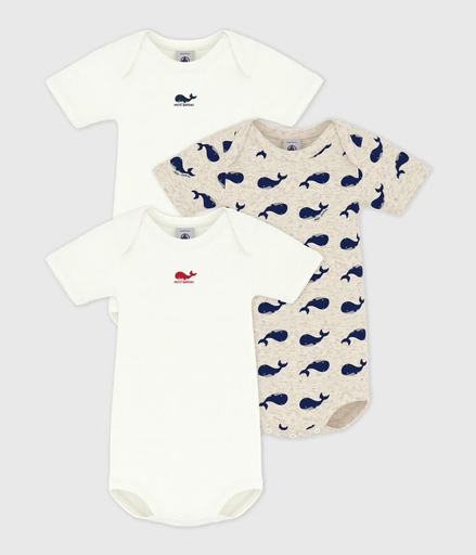 [3617102631147] Lot de 3 bodies manches courtes en coton - Petit Bateau - Baleines marines 12 mois (74cm) 