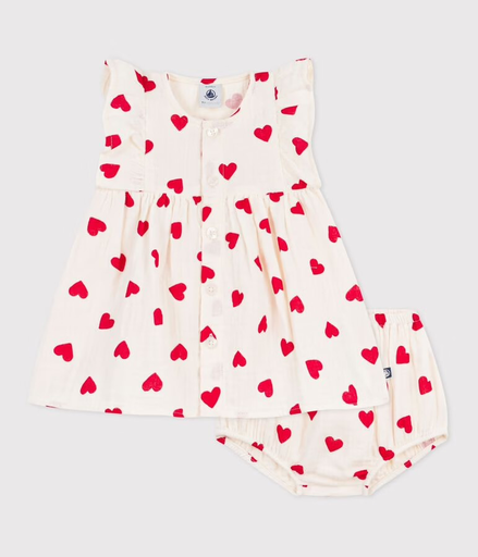 [3617103079115] Robe en coton avec son bloomer - Petit Bateau - Coeurs 3 mois (60cm)