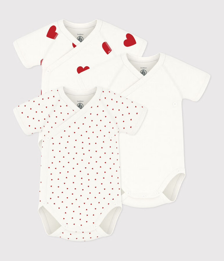 [3666072425553] Lot de 3 bodies croisés manches courtes - Petit Bateau - Cœurs 6 mois (67cm) 