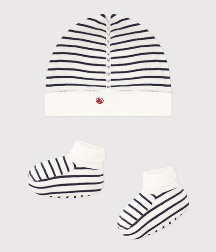 [3617102295288] Lot de bonnet et chausson en coton - Petit Bateau - Marinière 1 mois (54cm)